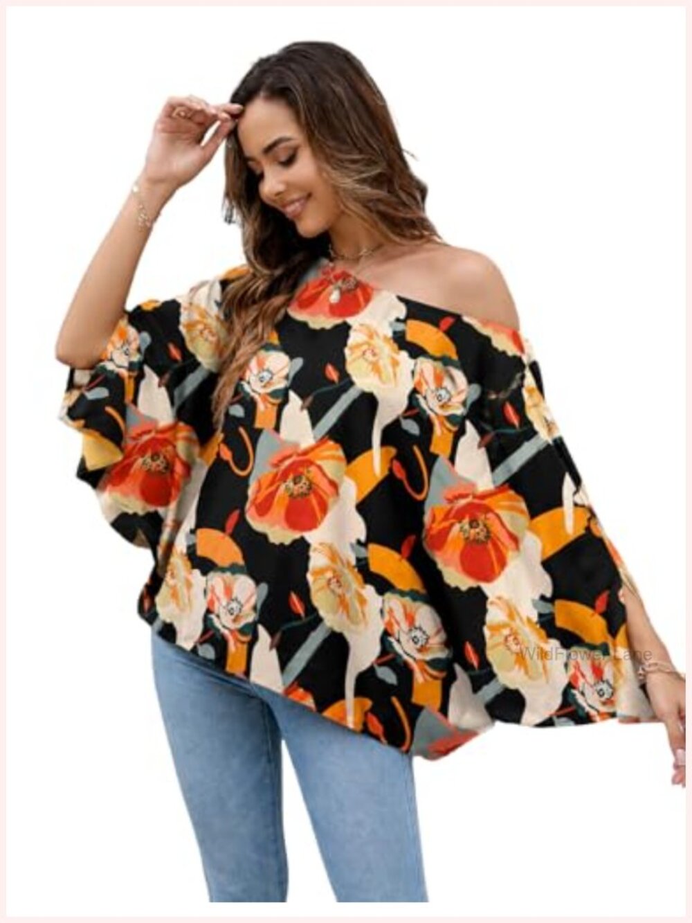 Women's Off Shoulder Flowy Blouse Batwing Sleeve Chiffon Top Casual Loose